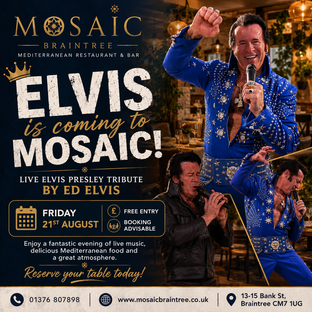Ed Elvis performing an Elvis Presley tribute at Mosaic Braintree